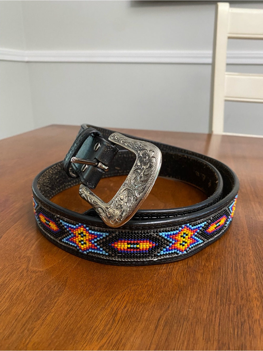 Men’s Beaded Blue/Red Western Southwestern Aztec Leather Belt - 40